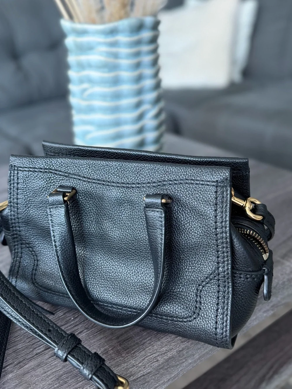 Marc Jacobs Black Pebbled Leather Satchel with Gold-Tone Accents